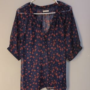 Blue and Red 3/4 Sleeve Mandarin Collar Blouse